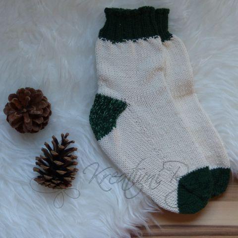 Ručně pletené ponožky, přírodní bílá se zeleným lemem, vel. 38-39